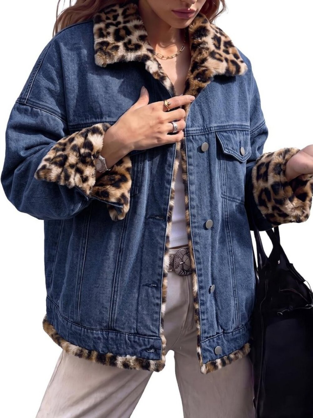 Leopard Print Reversible Oversized Sherpa Fleece Jean Jacket for Women